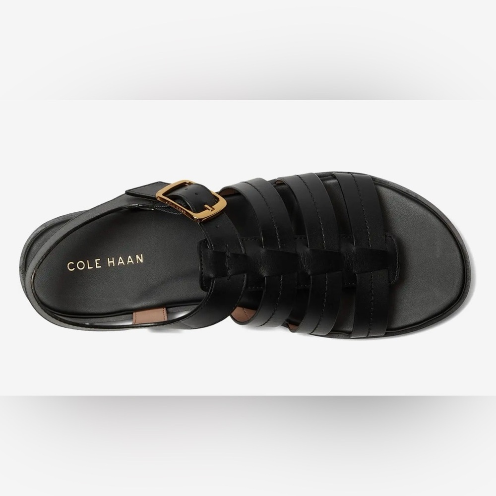 Cole Haan Black Leather Strappy Sandal with Gold Buckle Accent